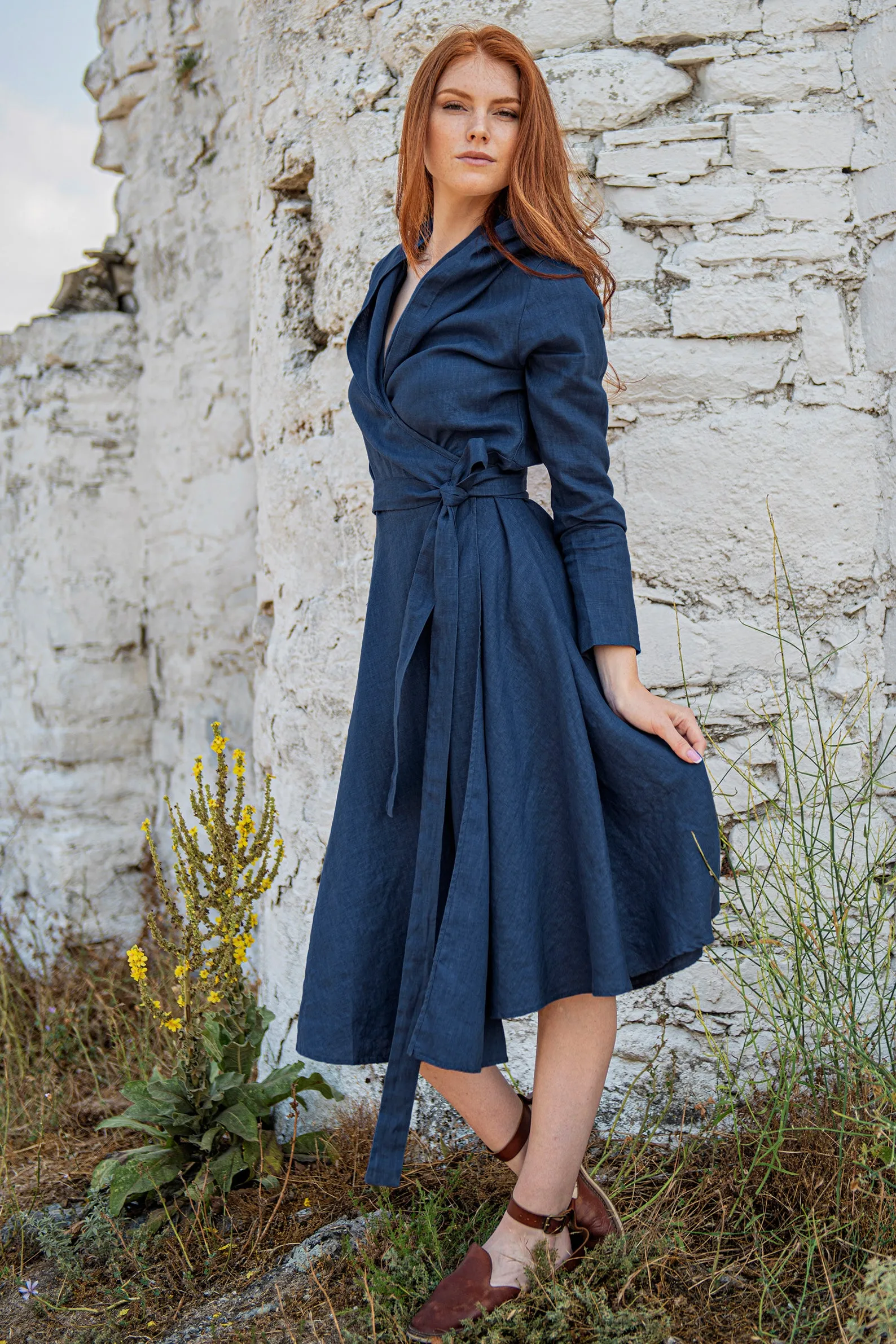 Hooded Linen Wrap Dress