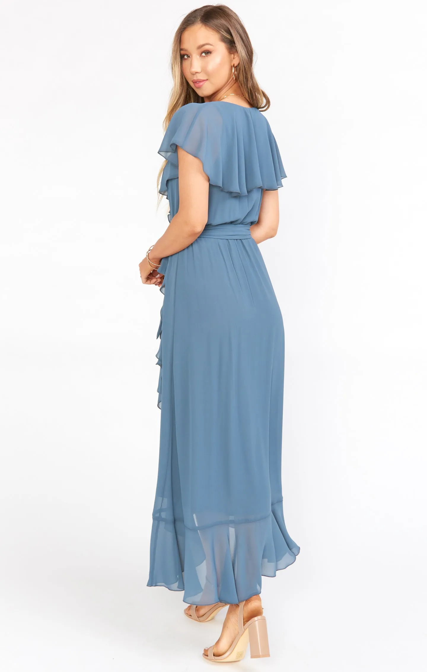 Jess Ruffle Midi Dress ~ Slate Blue Chiffon