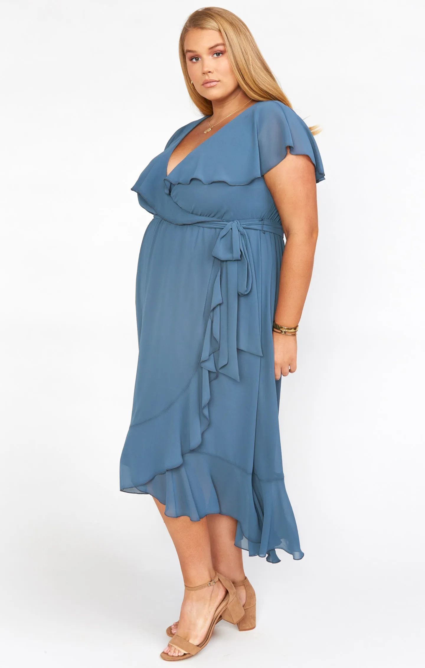 Jess Ruffle Midi Dress ~ Slate Blue Chiffon