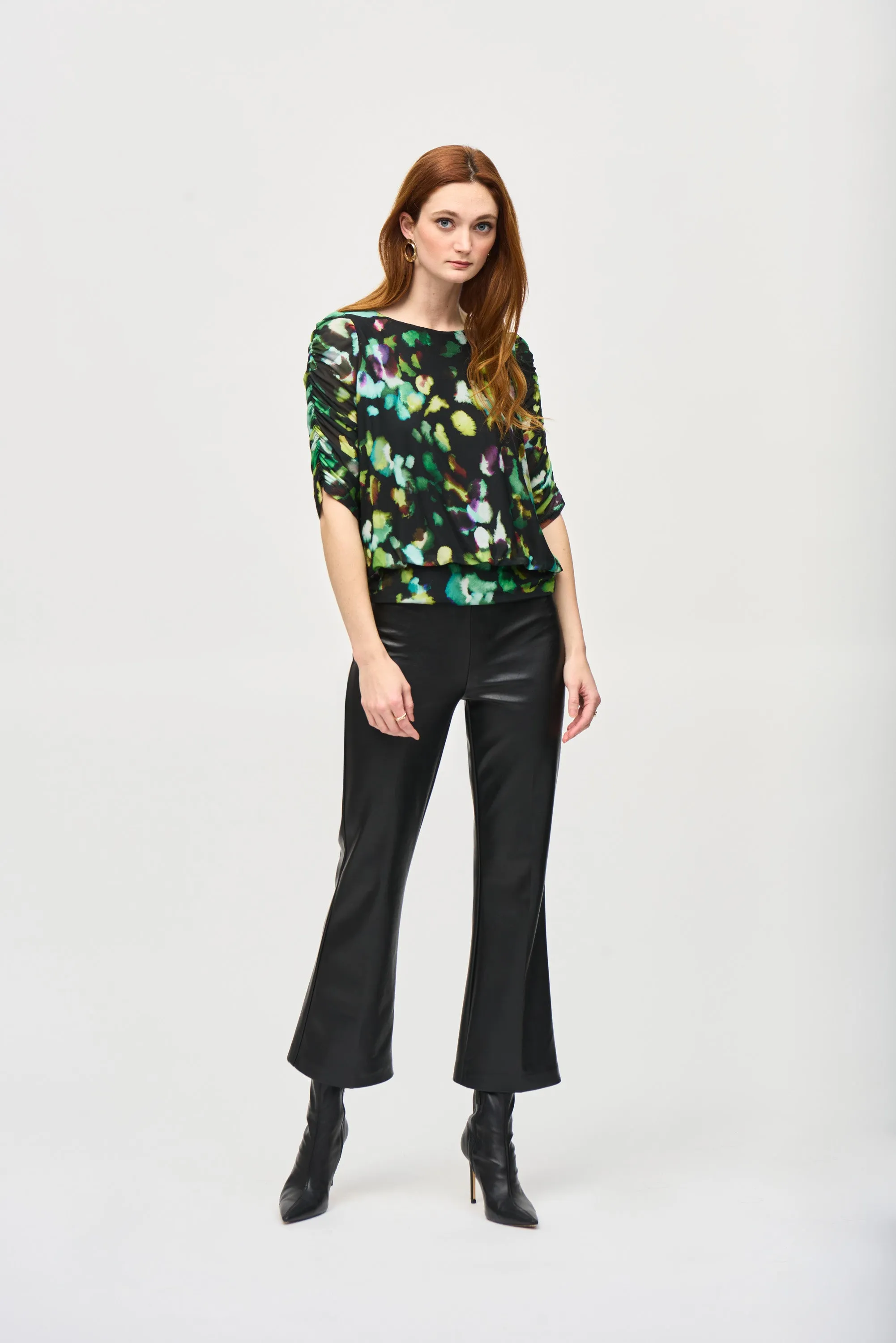 Joseph Ribkoff Mesh Abstract Print Blouson Top 243193 - Black/Multi