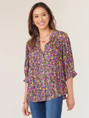 Lantern Sleeve Ruffle V-Neck Abstract Print Woven Top