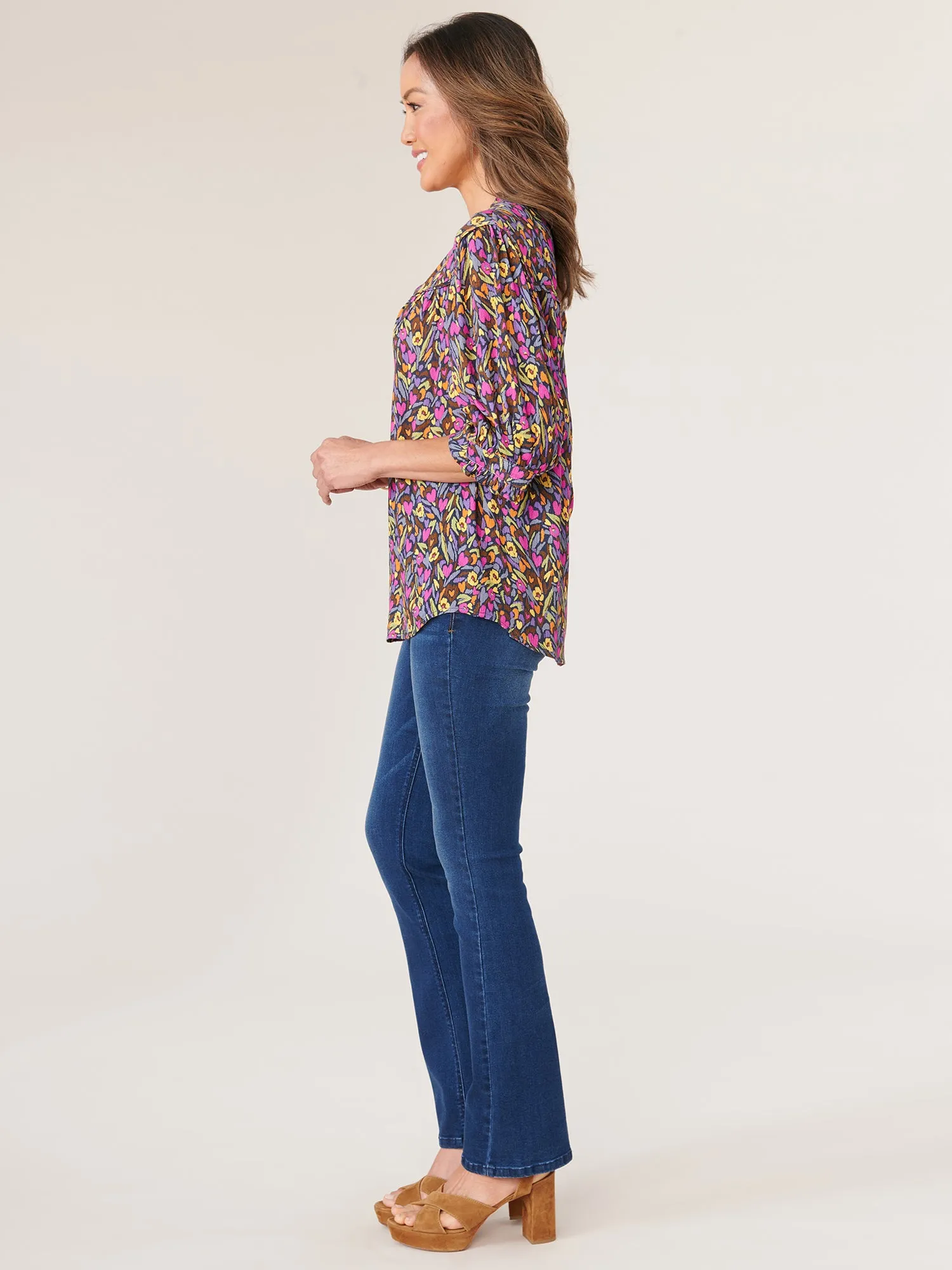 Lantern Sleeve Ruffle V-Neck Abstract Print Woven Top