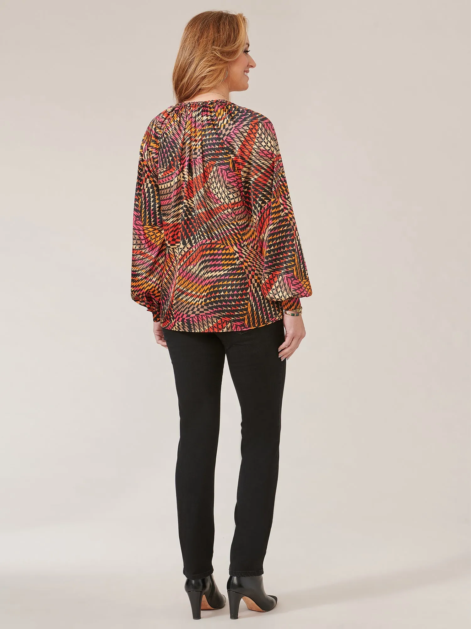 Long Ruffle Edge Sleeve Braided V-Notch Neck Printed Woven Top