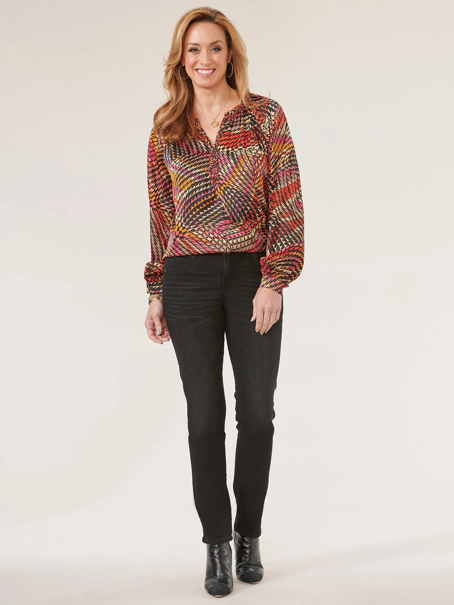 Long Ruffle Edge Sleeve Braided V-Notch Neck Printed Woven Top