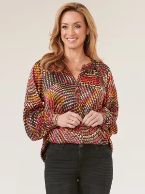 Long Ruffle Edge Sleeve Braided V-Notch Neck Printed Woven Top