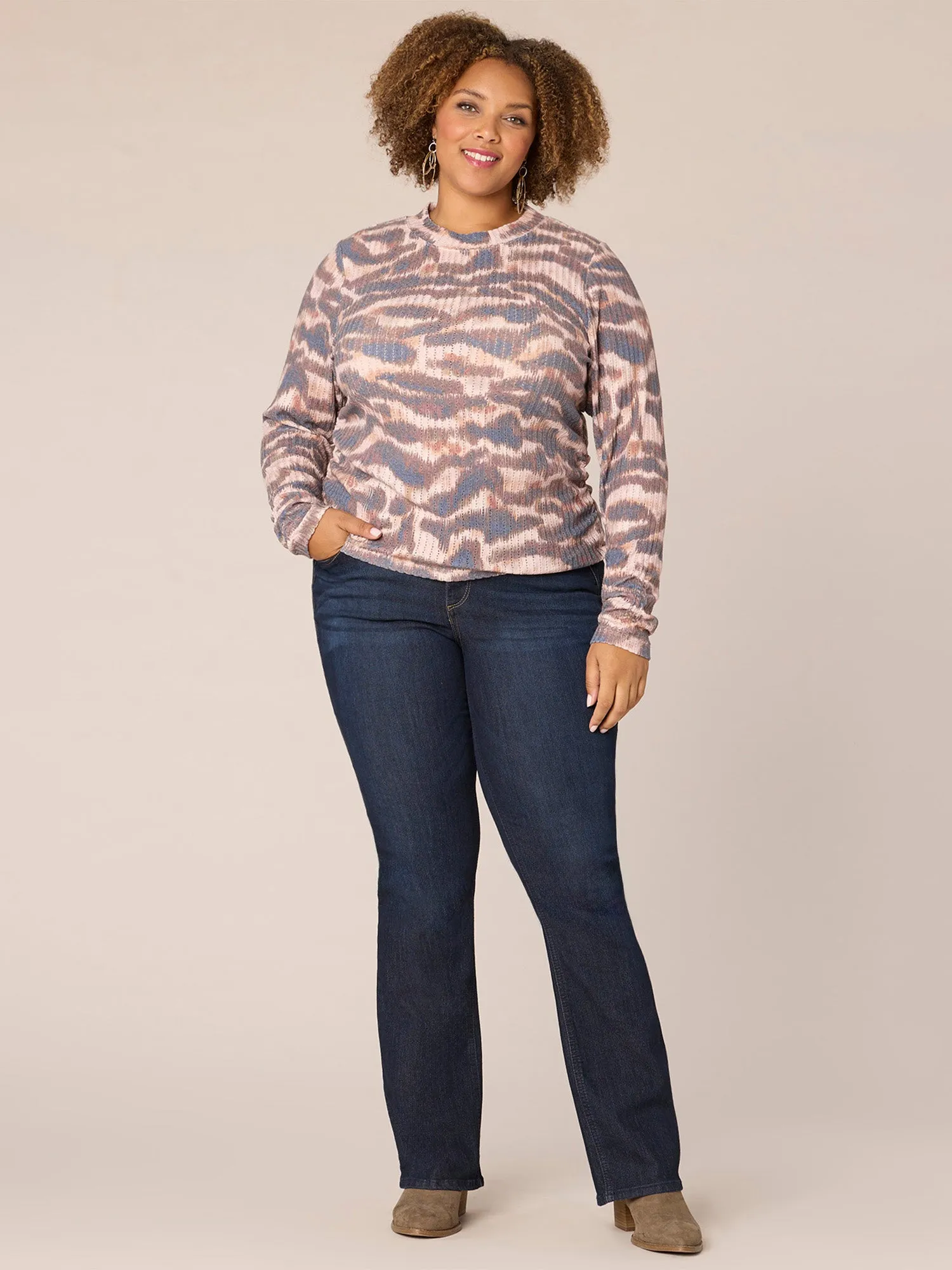 Long Sleeve Crew Neck Ruched Abstract Print Plus Size Knit Top