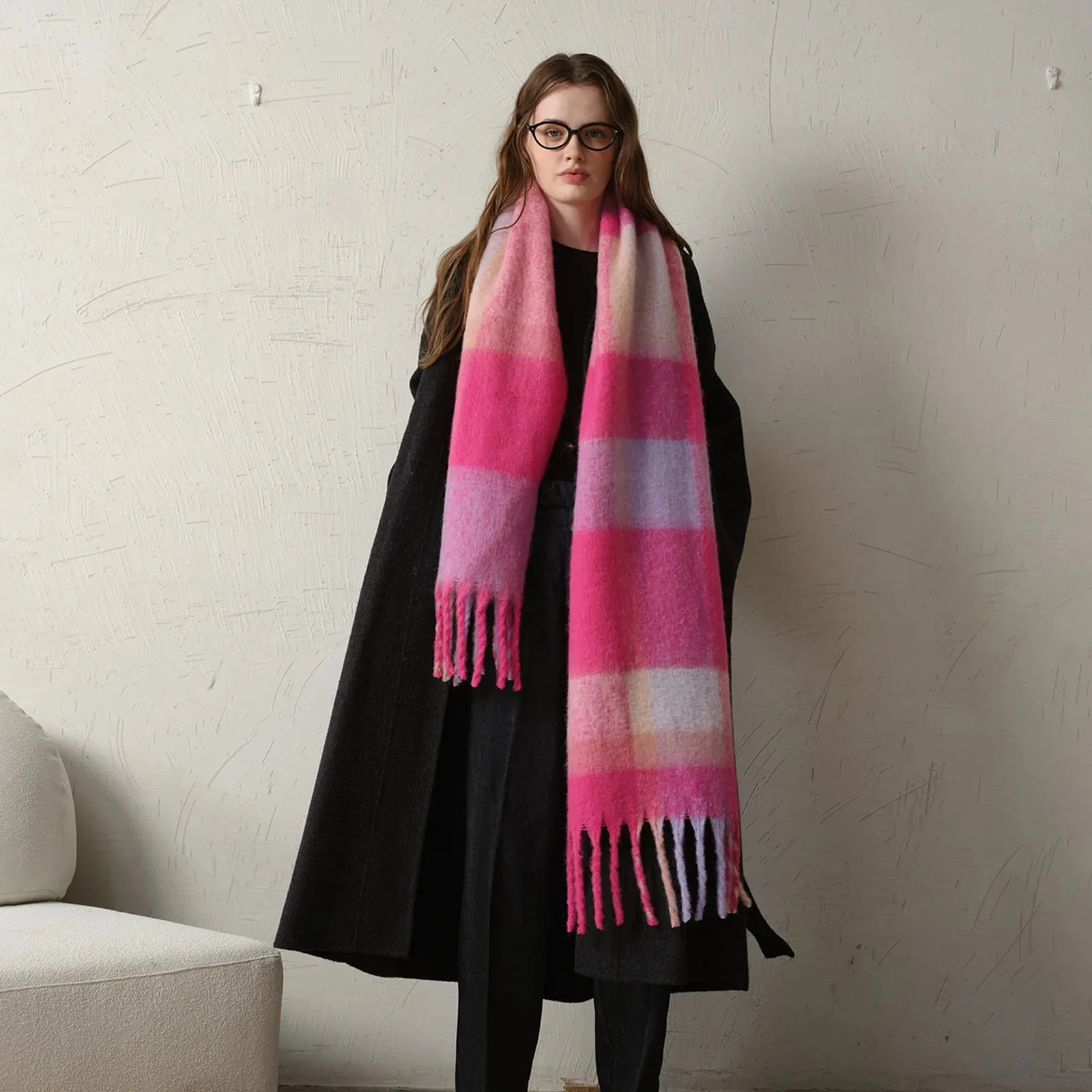 Long Thick Warm Contrast Color Tassel Elegant Minimalist Autumn Winter Scarf