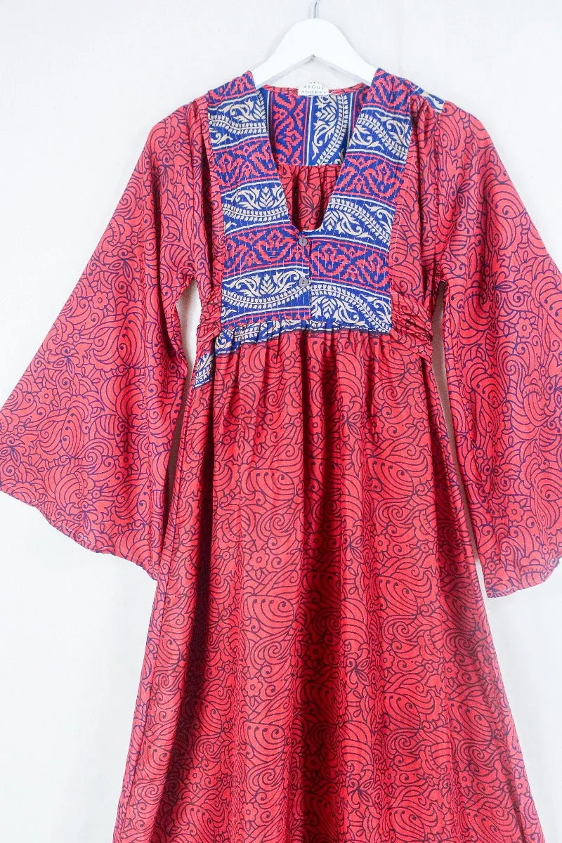 Lunar Maxi Dress - Vintage Sari - Ruby Red Psychedelic Print - Size XS