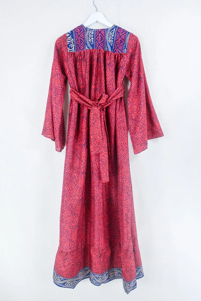 Lunar Maxi Dress - Vintage Sari - Ruby Red Psychedelic Print - Size XS