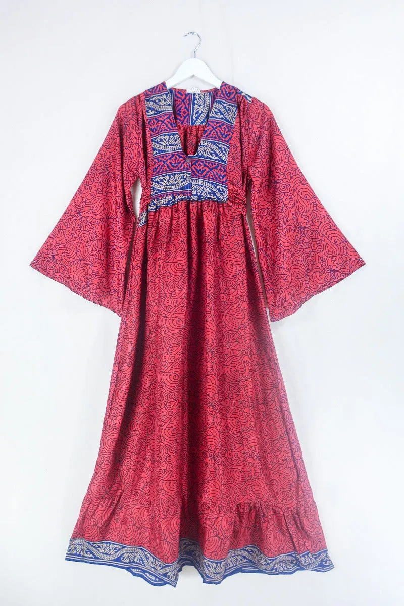 Lunar Maxi Dress - Vintage Sari - Ruby Red Psychedelic Print - Size XS