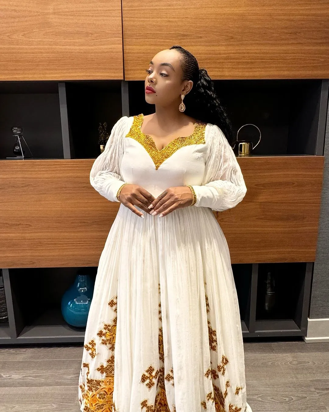 Luxurious Golden Habesha Dress: Traditional Ethiopian Dress with Handmade Embroidery for Grand Events Habesha Kemis