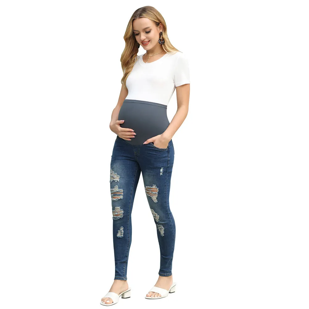 Maacie Black Women Maternity Scratched Jeans High Waist Whole Pregnancy Denim Pants