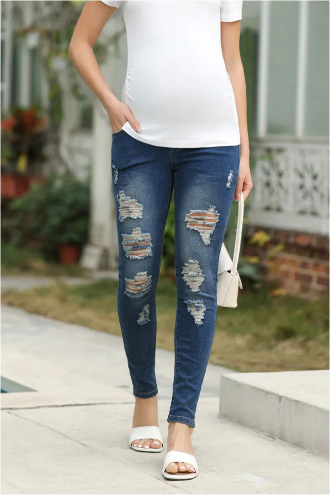 Maacie Black Women Maternity Scratched Jeans High Waist Whole Pregnancy Denim Pants