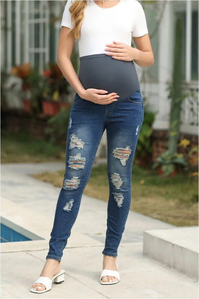 Maacie Black Women Maternity Scratched Jeans High Waist Whole Pregnancy Denim Pants