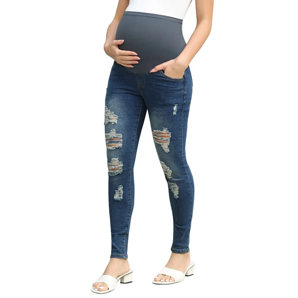 Maacie Black Women Maternity Scratched Jeans High Waist Whole Pregnancy Denim Pants