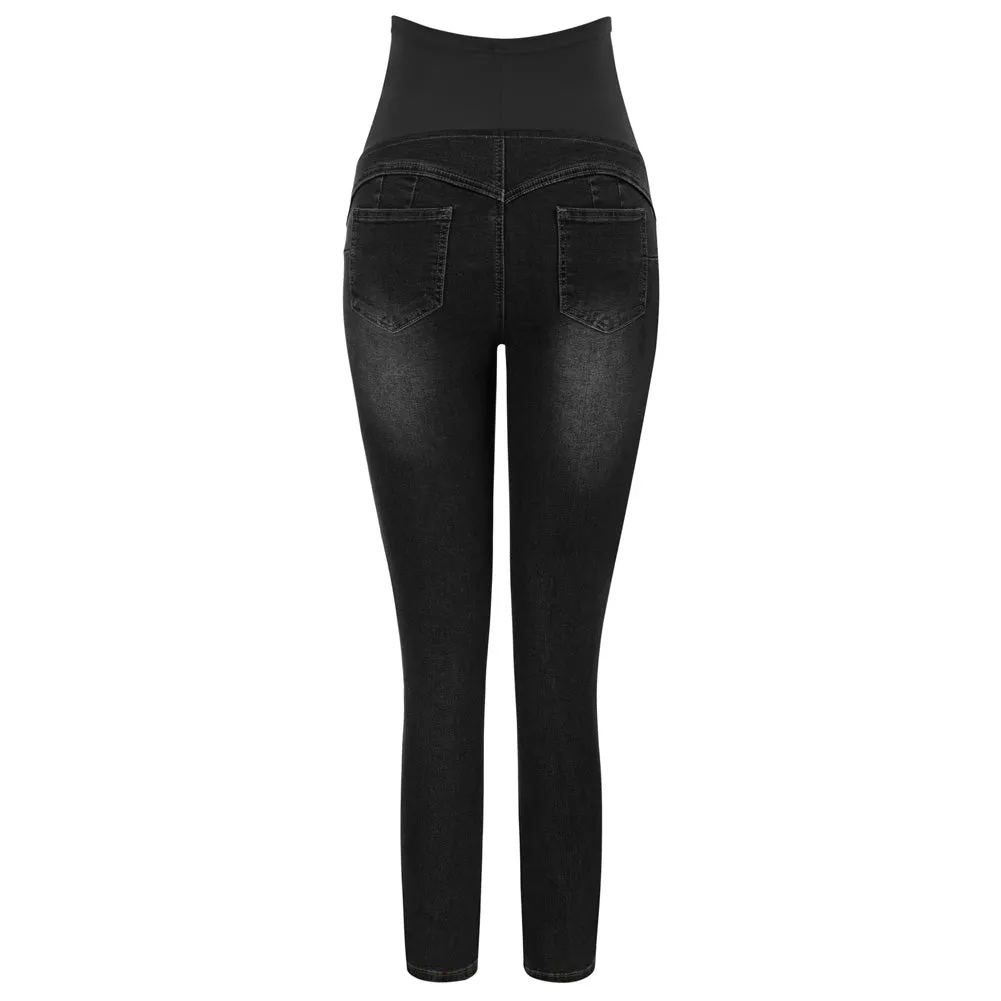 Maacie Black Women Maternity Scratched Jeans High Waist Whole Pregnancy Denim Pants