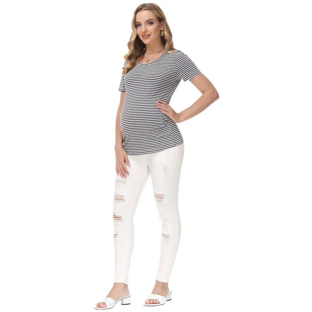 Maacie Black Women Maternity Scratched Jeans High Waist Whole Pregnancy Denim Pants