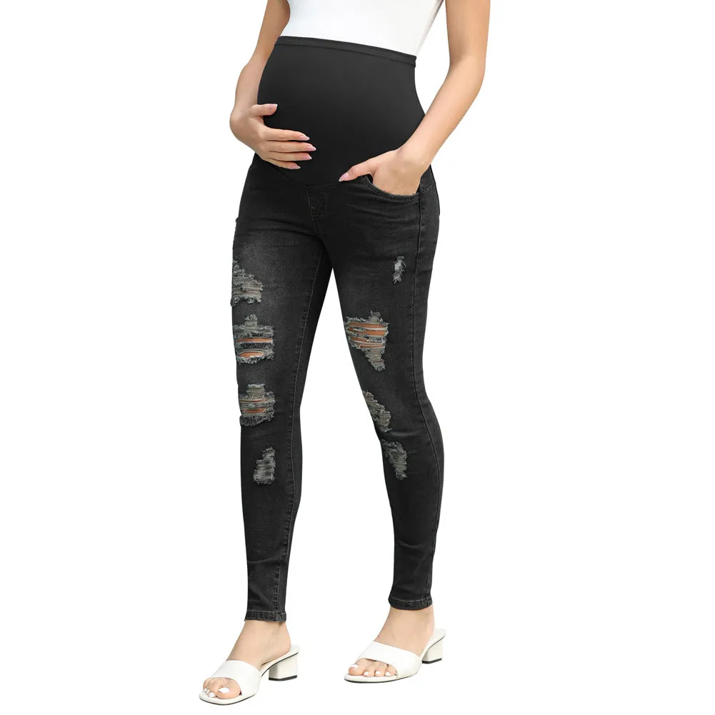 Maacie Black Women Maternity Scratched Jeans High Waist Whole Pregnancy Denim Pants