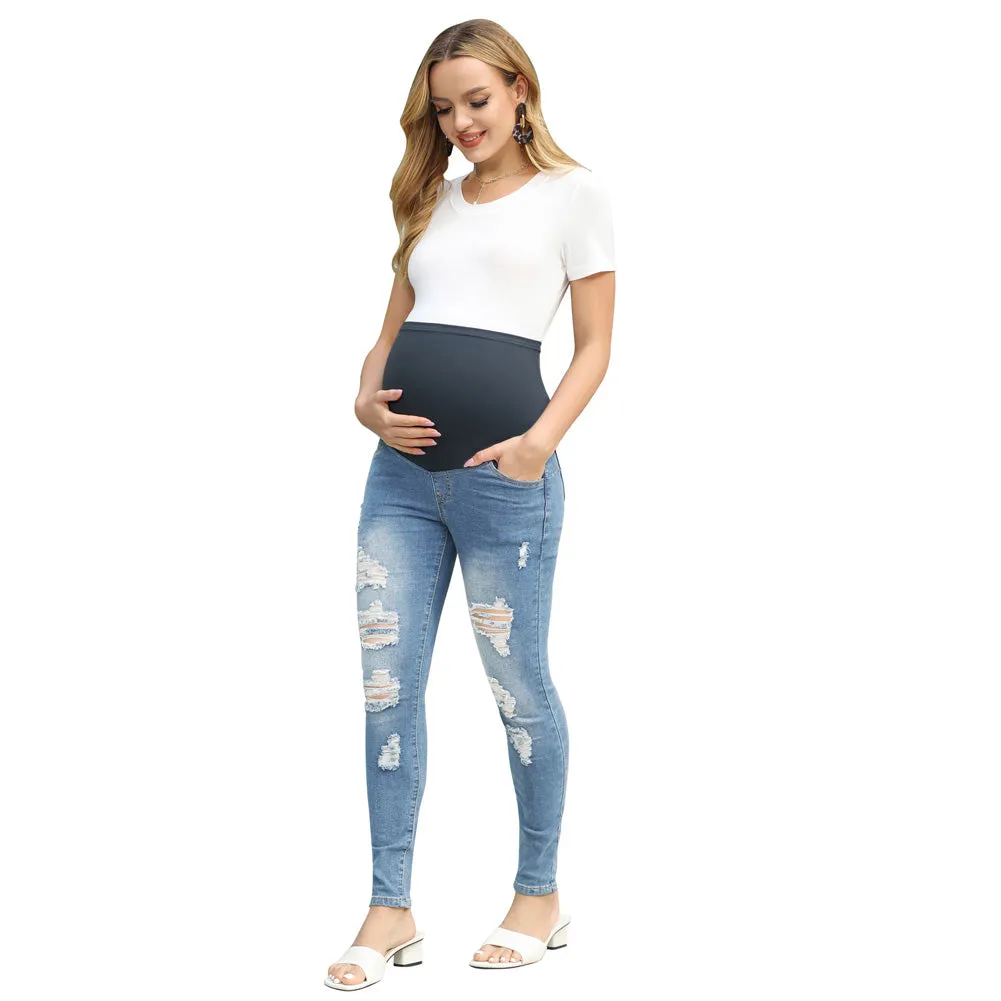 Maacie Black Women Maternity Scratched Jeans High Waist Whole Pregnancy Denim Pants