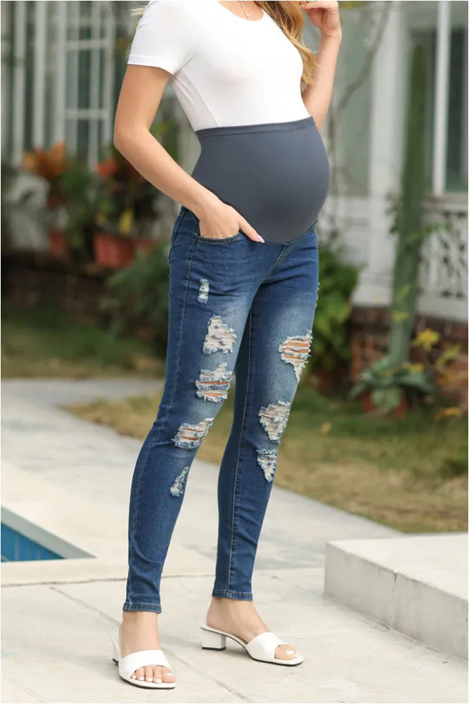 Maacie Black Women Maternity Scratched Jeans High Waist Whole Pregnancy Denim Pants