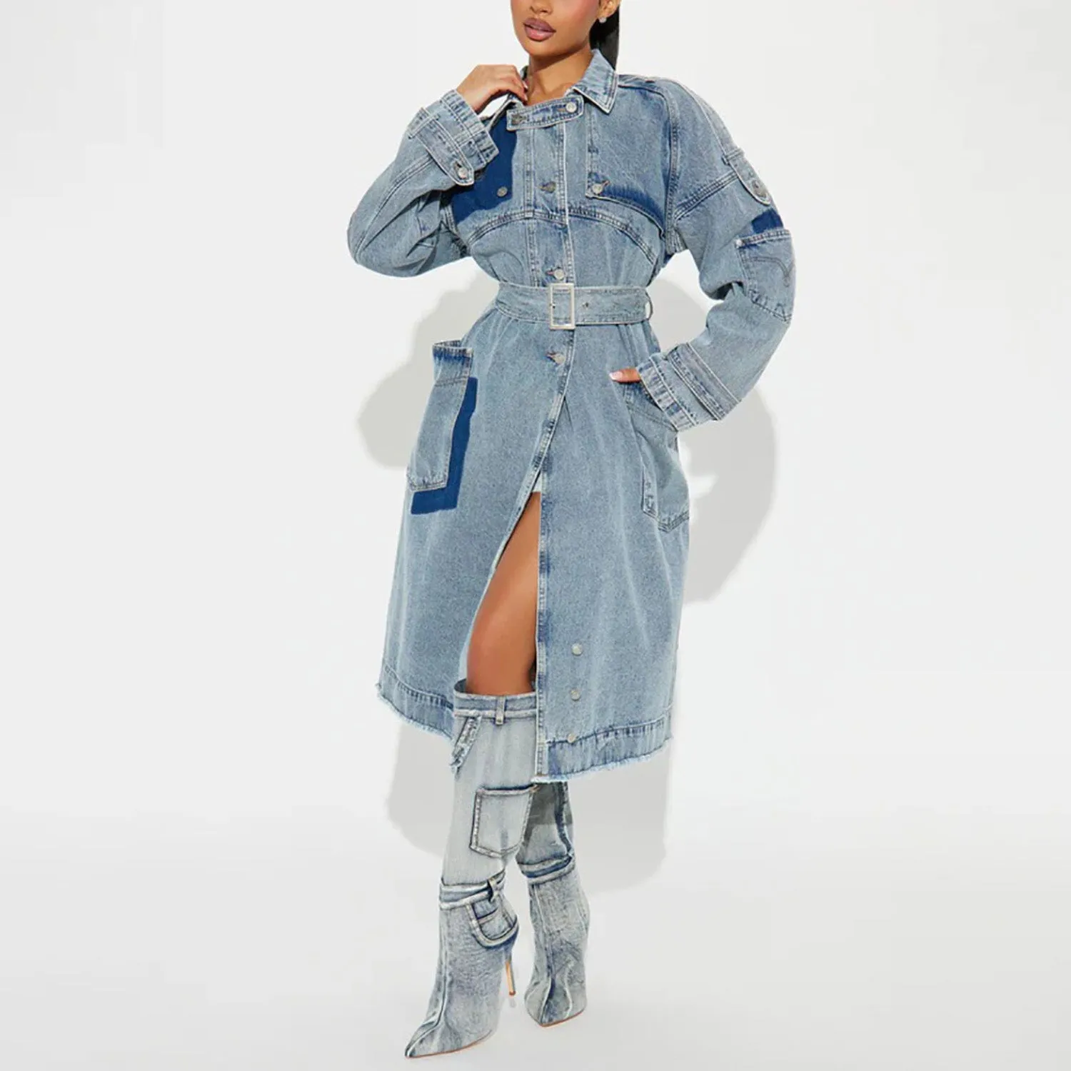 MALYBGG 2024 A/W Street-style Long Denim Coat with Belt ZZ-27773