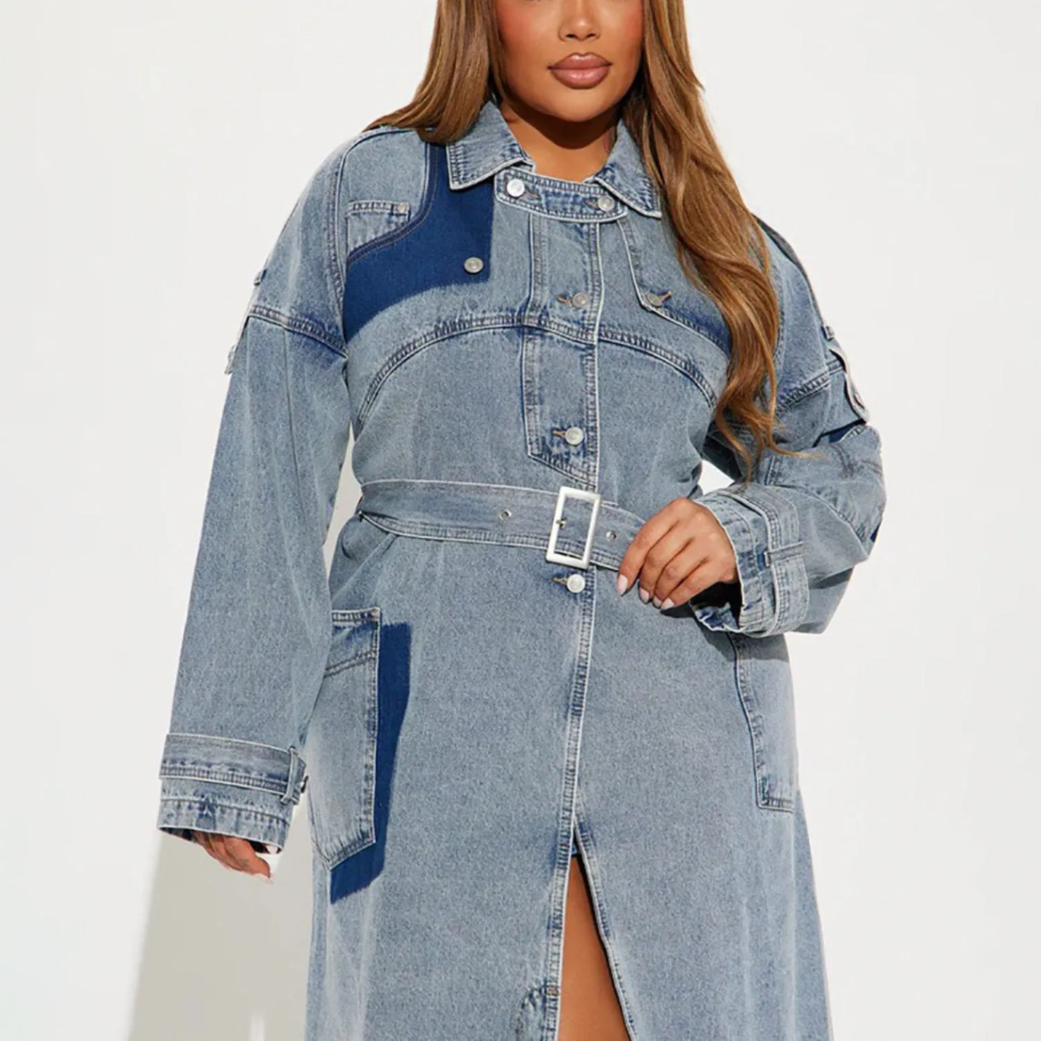 MALYBGG 2024 A/W Street-style Long Denim Coat with Belt ZZ-27773