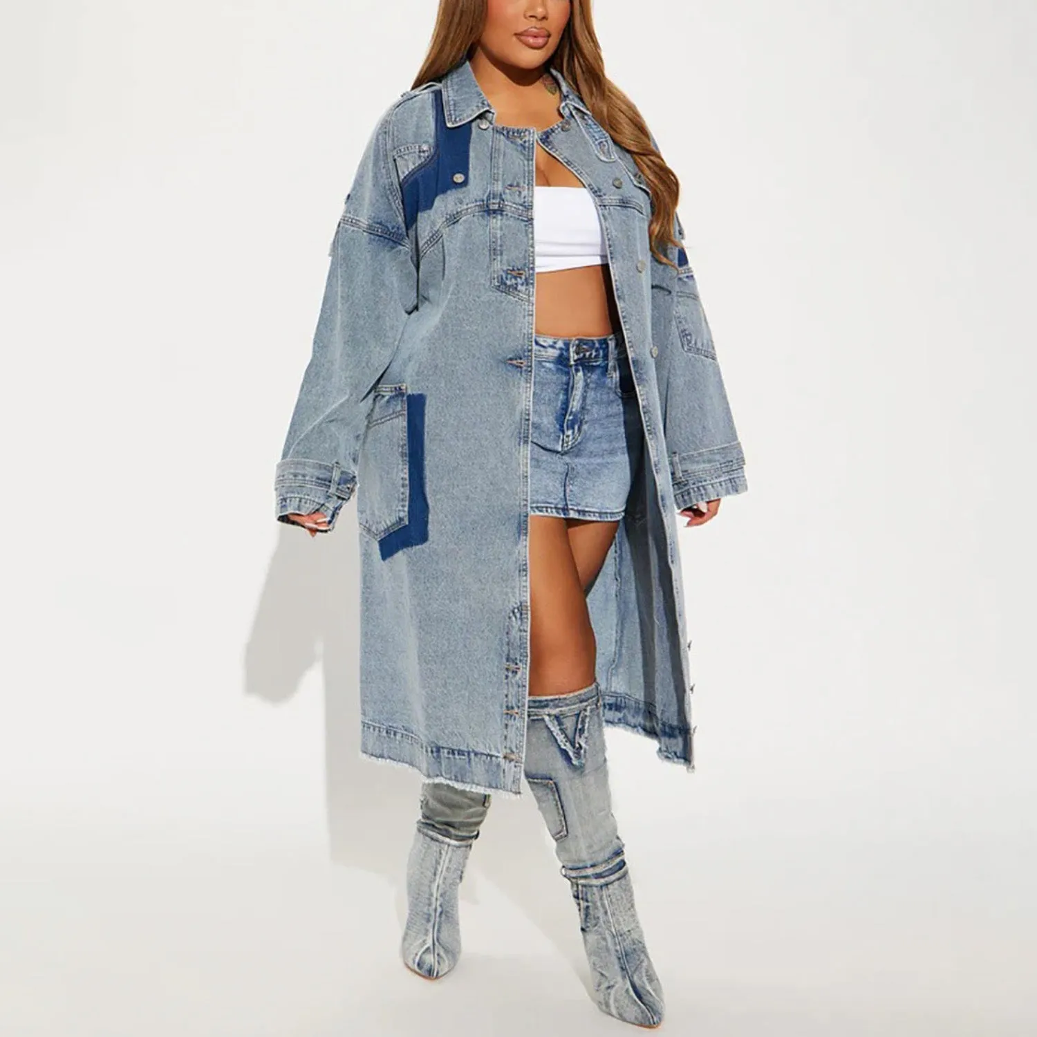 MALYBGG 2024 A/W Street-style Long Denim Coat with Belt ZZ-27773