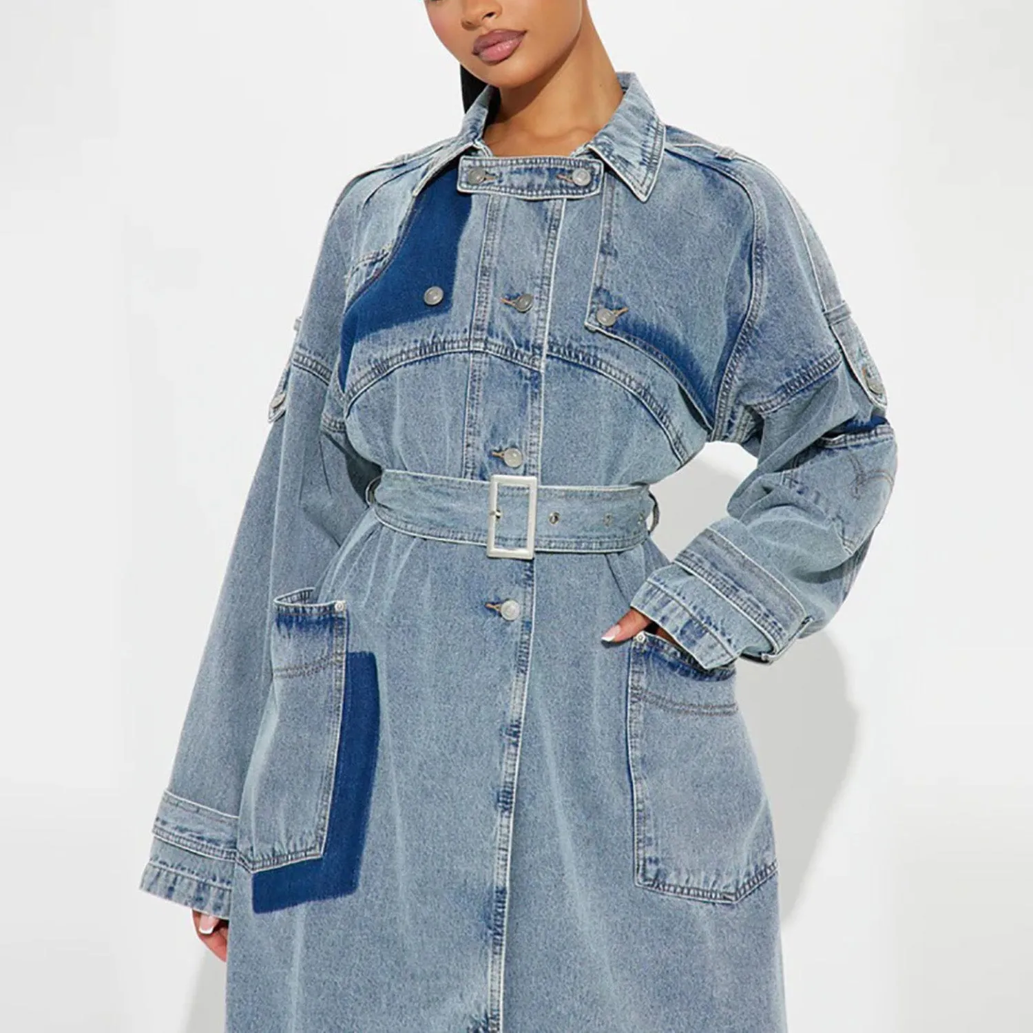 MALYBGG 2024 A/W Street-style Long Denim Coat with Belt ZZ-27773