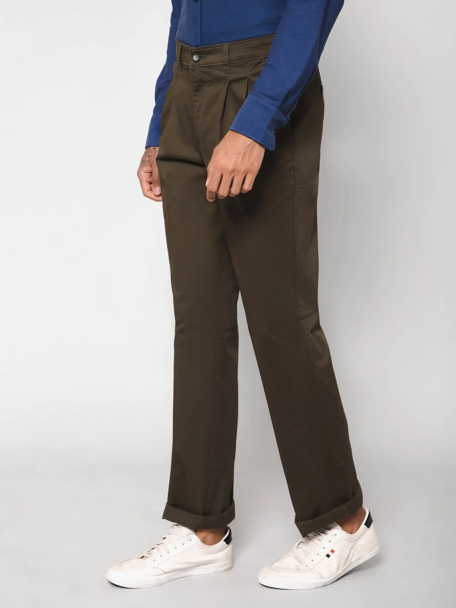 Men's Casual Pleated front Olive Green  Trousers