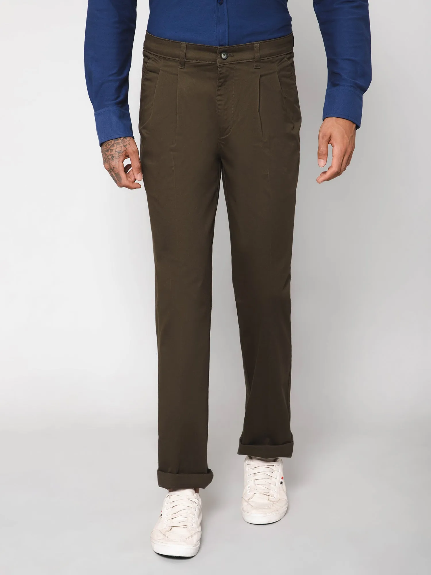 Men's Casual Pleated front Olive Green  Trousers