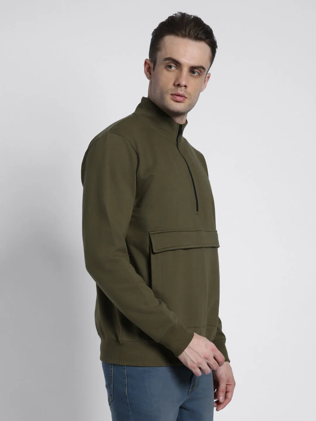 Men's Mock Neck Regular Fit Solid Patch Pocket Olive Sweatshirt