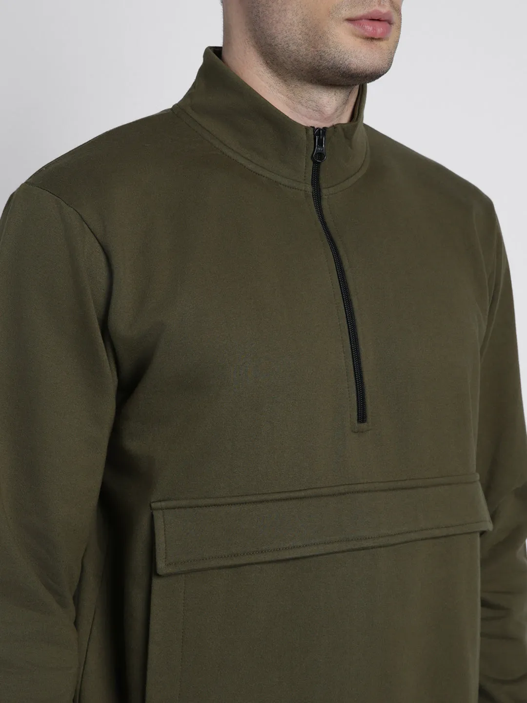 Men's Mock Neck Regular Fit Solid Patch Pocket Olive Sweatshirt