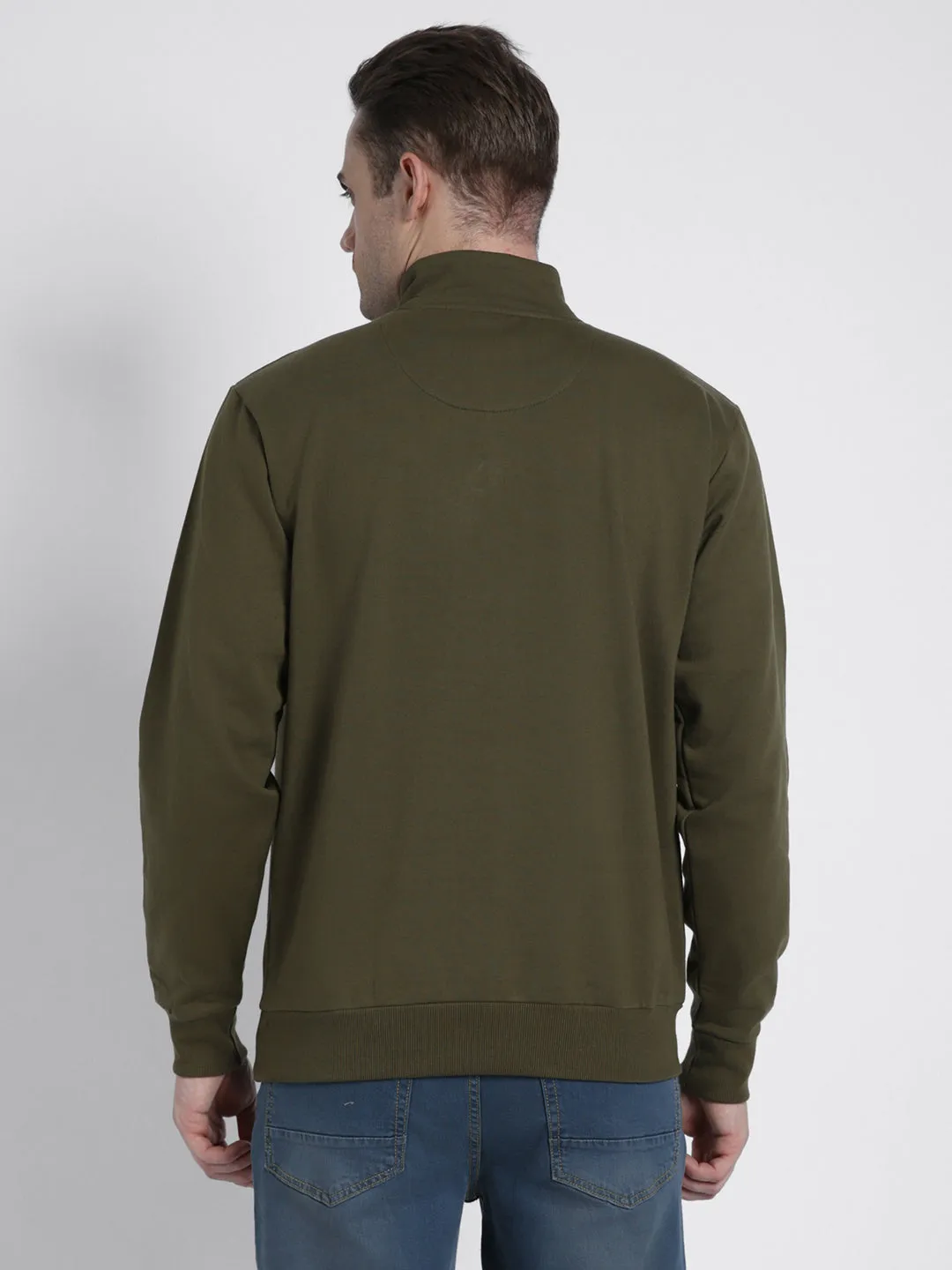 Men's Mock Neck Regular Fit Solid Patch Pocket Olive Sweatshirt