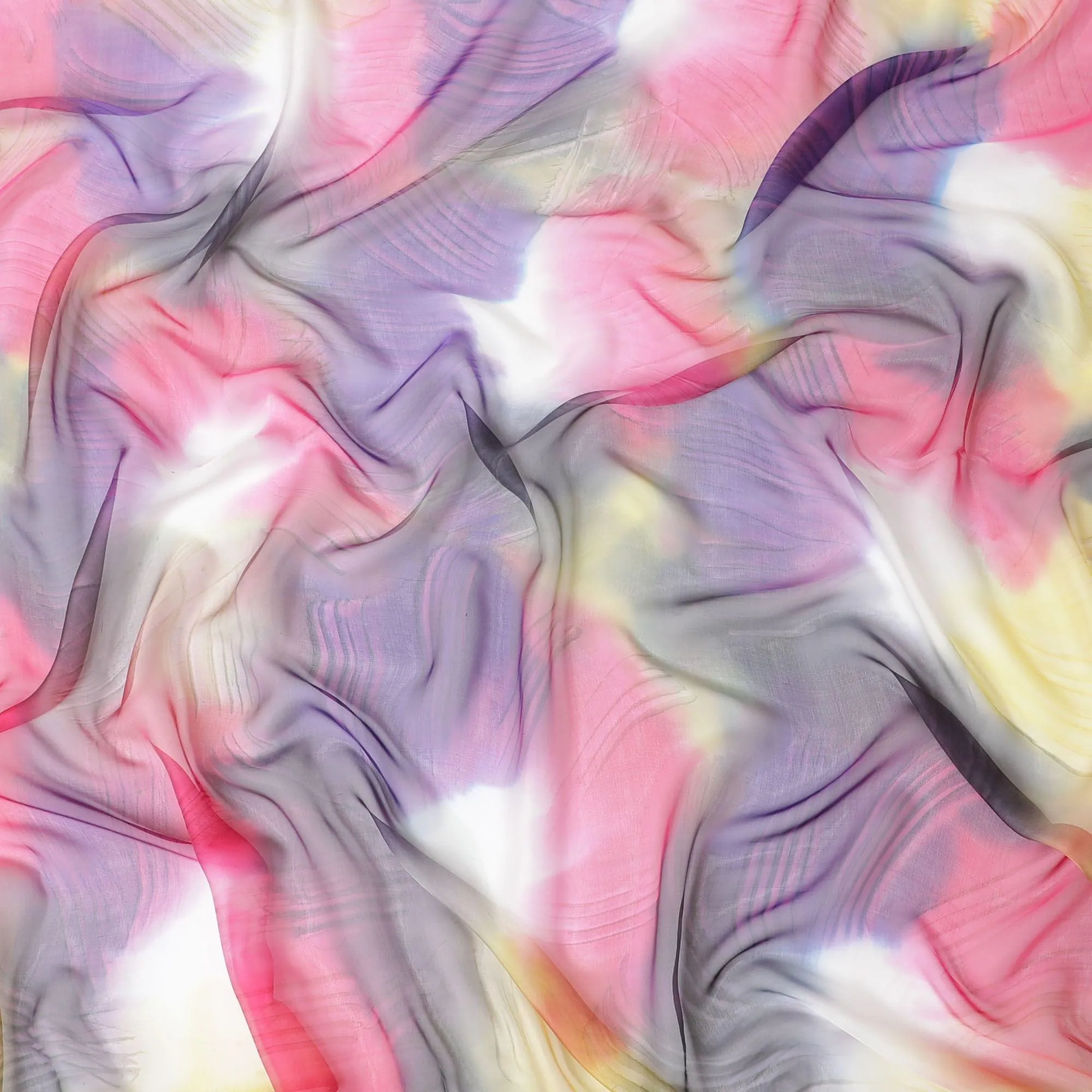 Multi colour silk chiffon fabric with pink, purple & yellow prints in abstract design - D9858