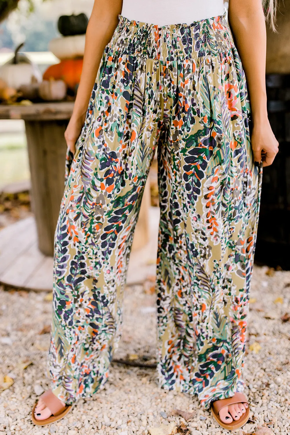 Multicolor Abstract Print Shirred High Waist Wide Leg Pants