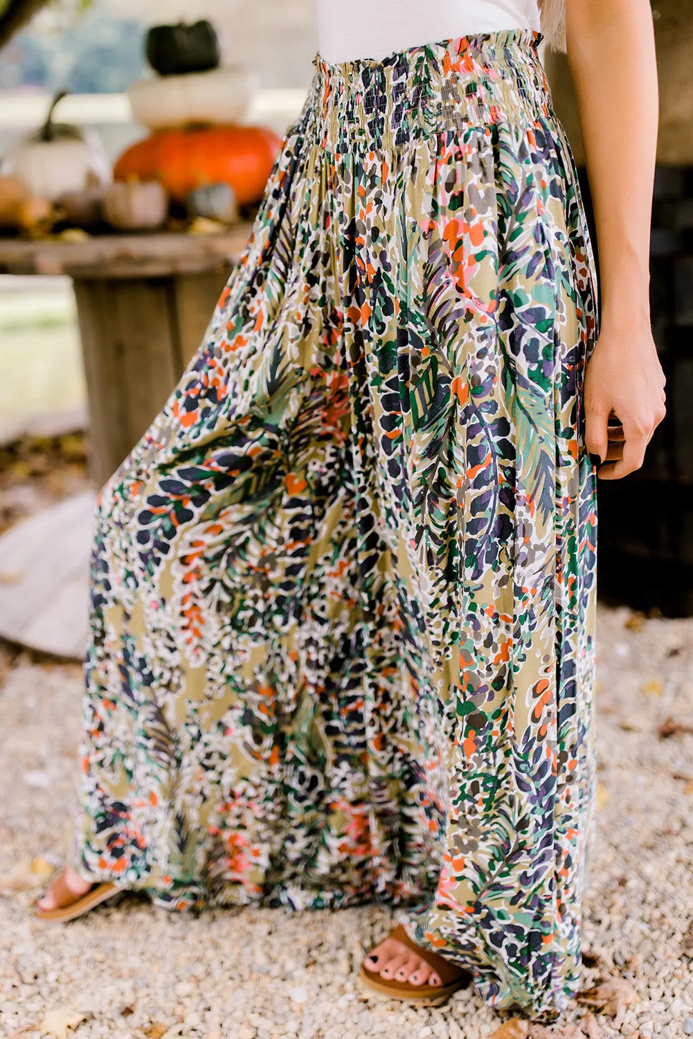 Multicolor Abstract Print Shirred High Waist Wide Leg Pants