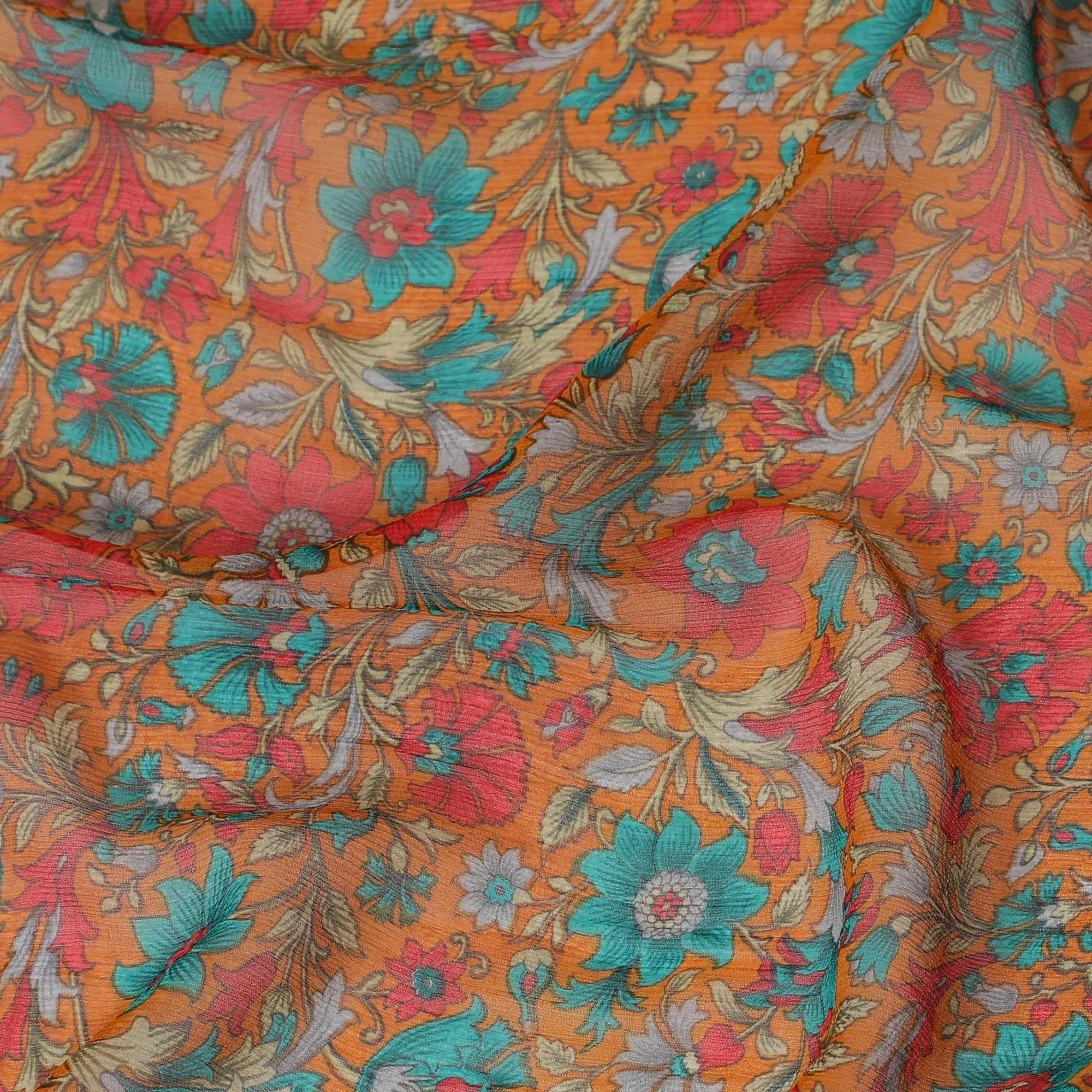 Mustard yellow pure silk crepe fabric with red, laurel green and turquoise blue print in floral design-D8183