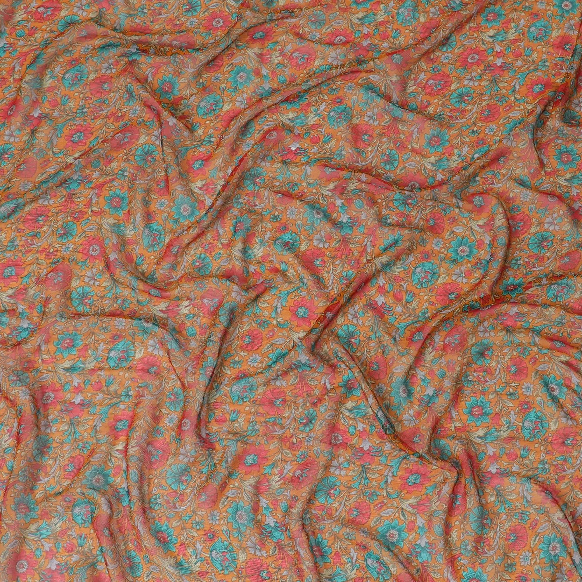 Mustard yellow pure silk crepe fabric with red, laurel green and turquoise blue print in floral design-D8183