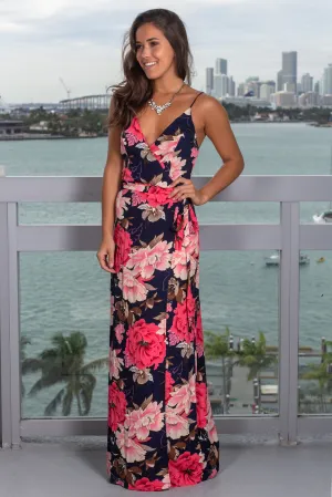 Navy and Pink Floral Wrap Dress