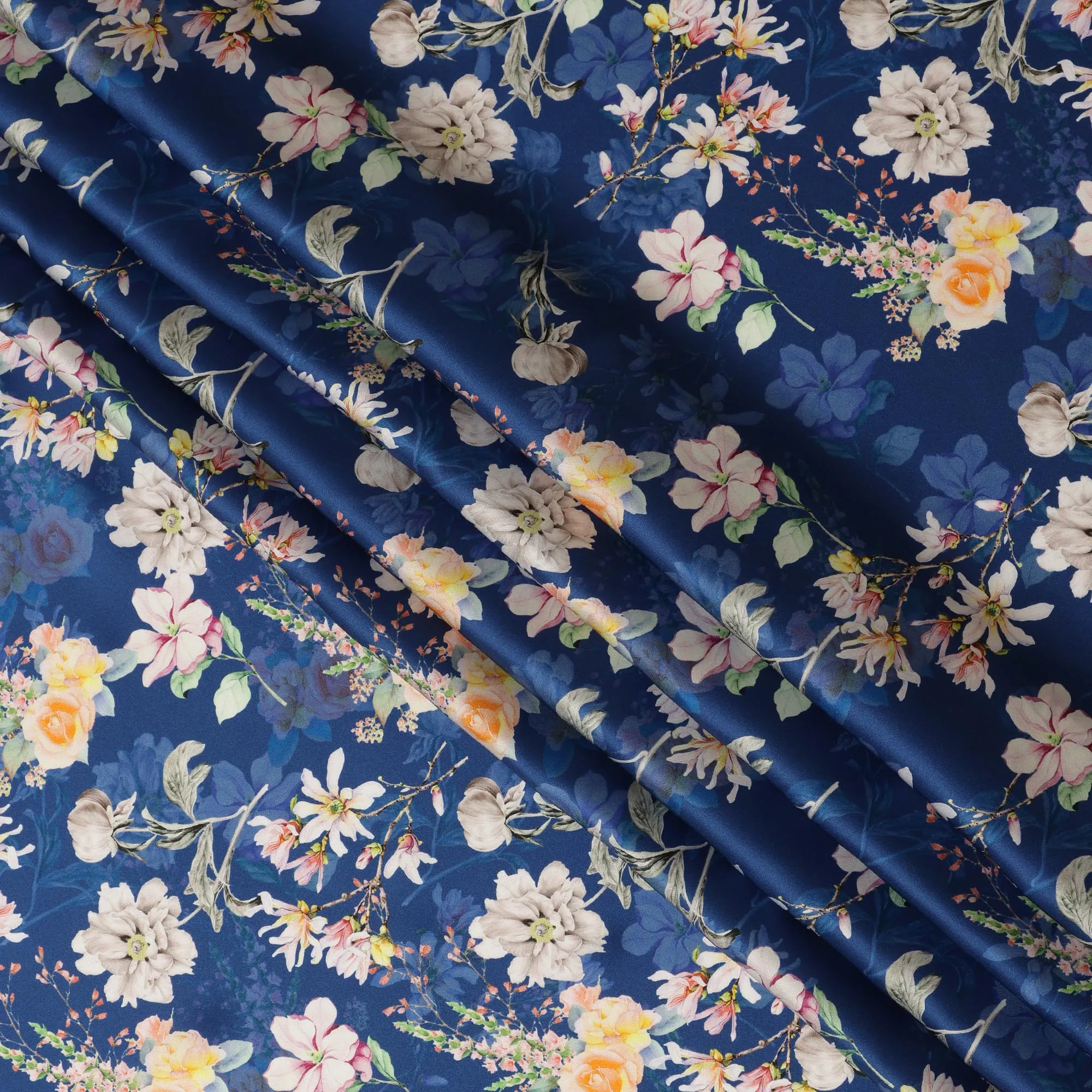 Navy Floral Pure Silk Satin Fabric - 140 cm Width, Made in Italy-D20722