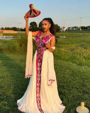 Pink-Based Multicolored Habesha Dress: with Amazing Patterns Traditional Ethiopian Dress