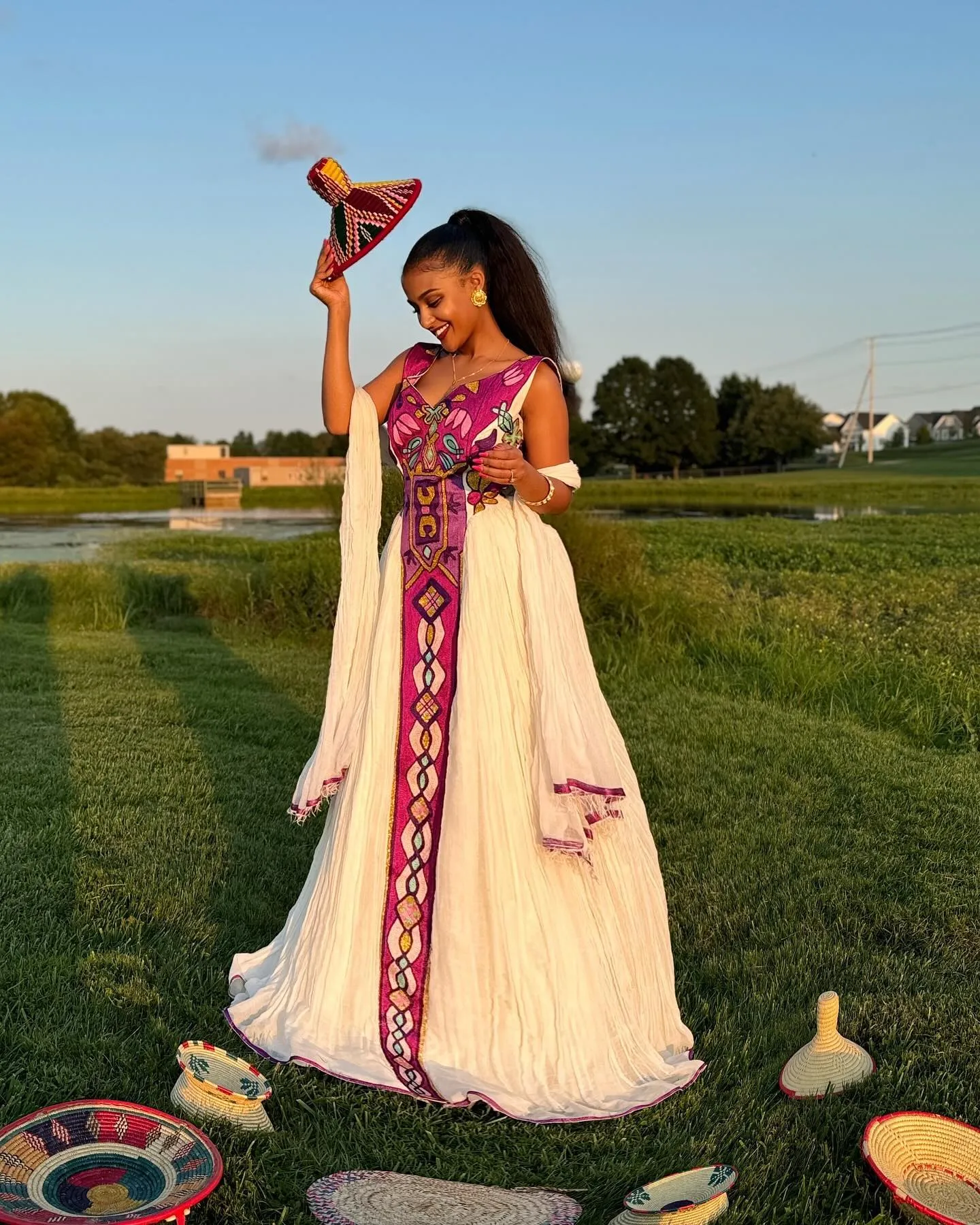 Pink-Based Multicolored Habesha Dress: with Amazing Patterns Traditional Ethiopian Dress