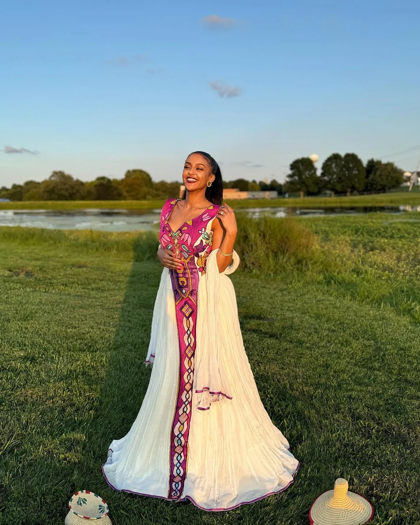 Pink-Based Multicolored Habesha Dress: with Amazing Patterns Traditional Ethiopian Dress