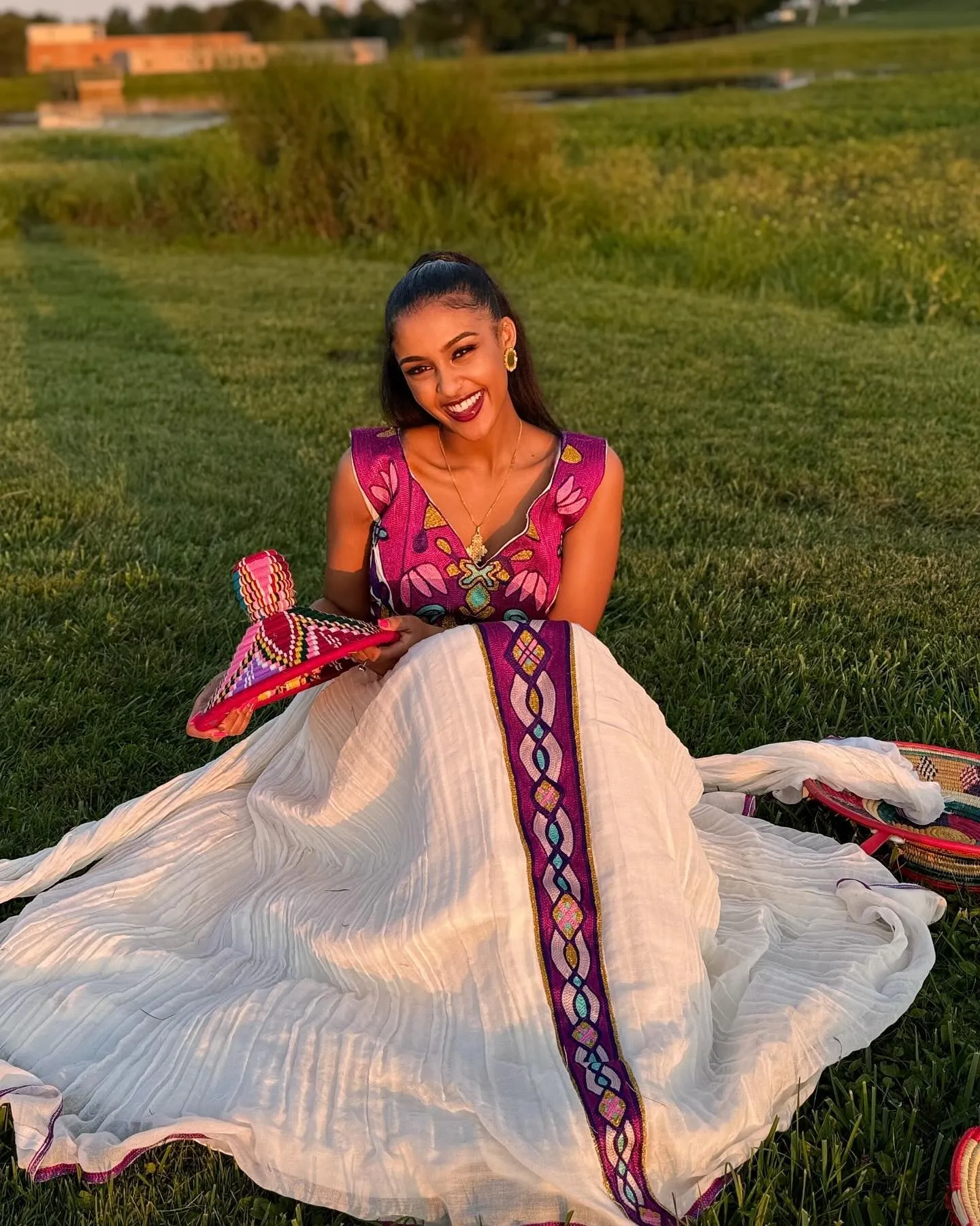 Pink-Based Multicolored Habesha Dress: with Amazing Patterns Traditional Ethiopian Dress