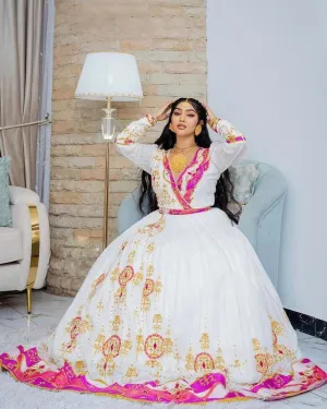 Pink Wedding Habesha Dress Sparkling Ethiopian Wedding Dress