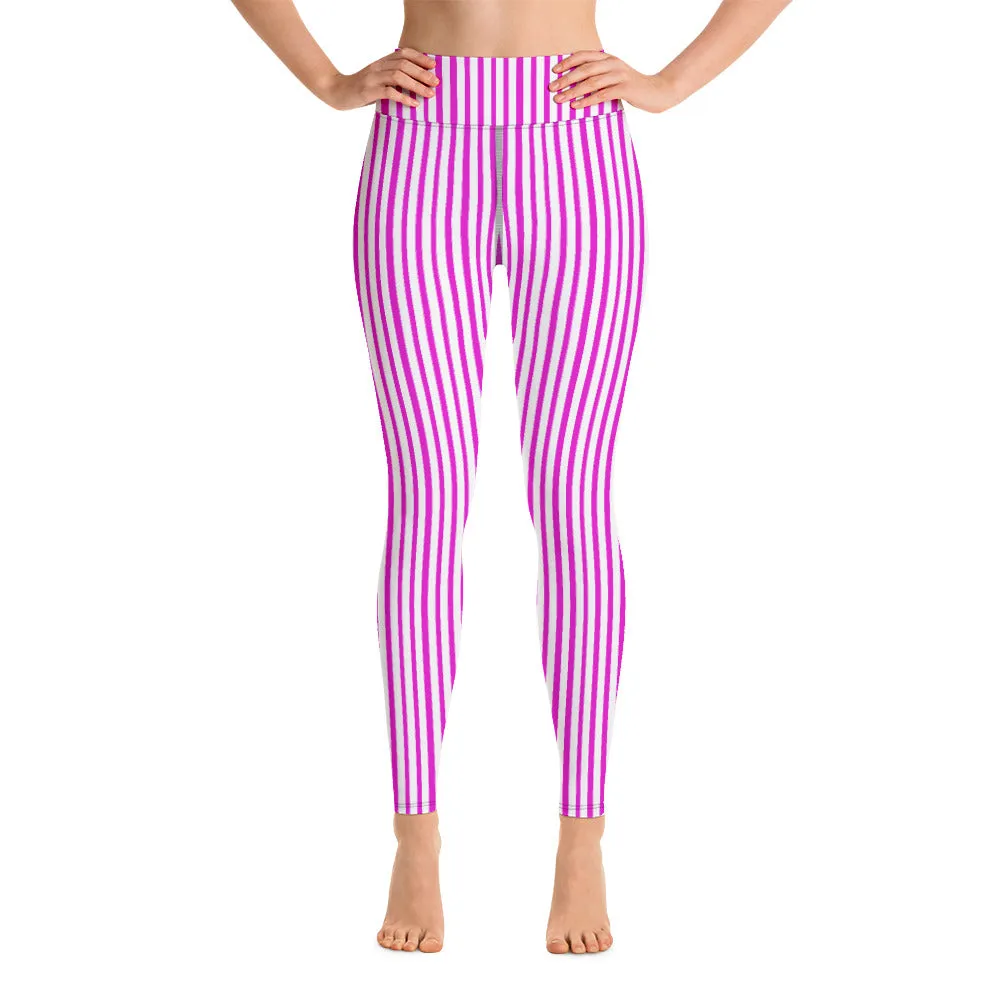 Pink White Striped Yoga Leggings, Pink Vertically Striped Women's Long Yoga Pants-Made in USA/EU