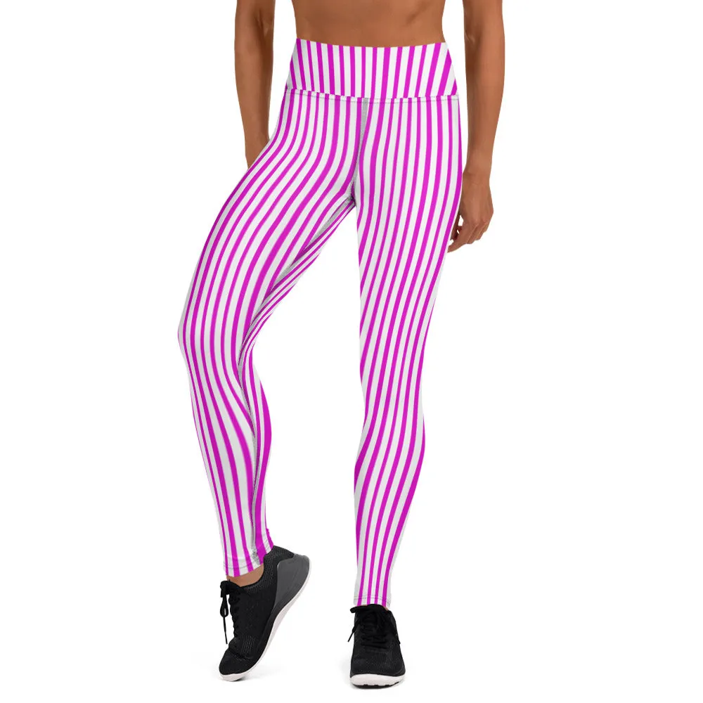 Pink White Striped Yoga Leggings, Pink Vertically Striped Women's Long Yoga Pants-Made in USA/EU