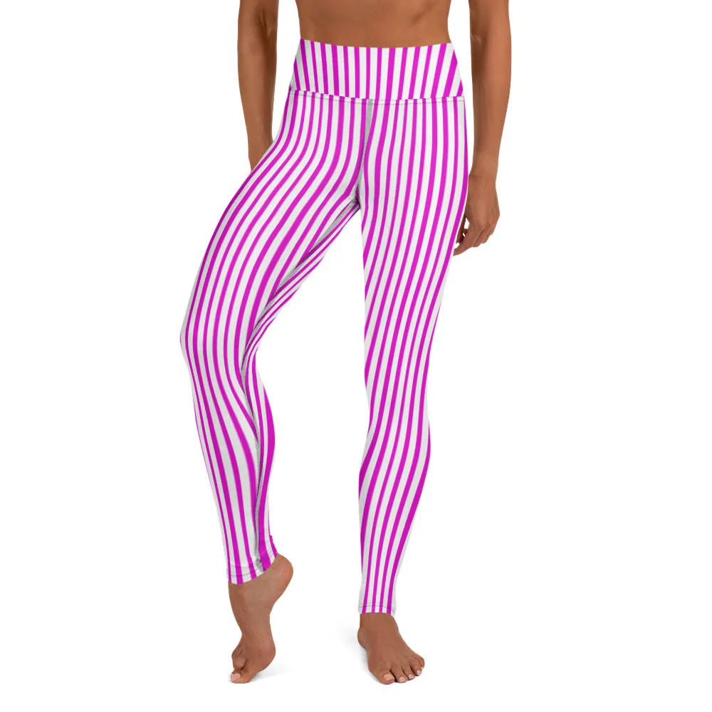 Pink White Striped Yoga Leggings, Pink Vertically Striped Women's Long Yoga Pants-Made in USA/EU