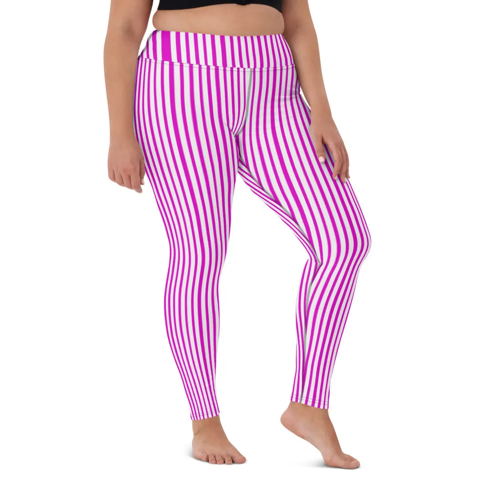 Pink White Striped Yoga Leggings, Pink Vertically Striped Women's Long Yoga Pants-Made in USA/EU