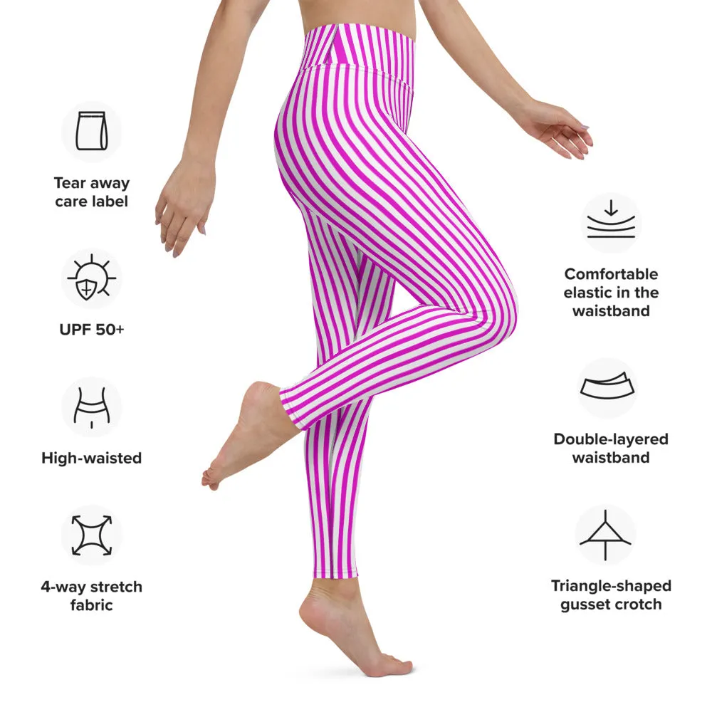 Pink White Striped Yoga Leggings, Pink Vertically Striped Women's Long Yoga Pants-Made in USA/EU